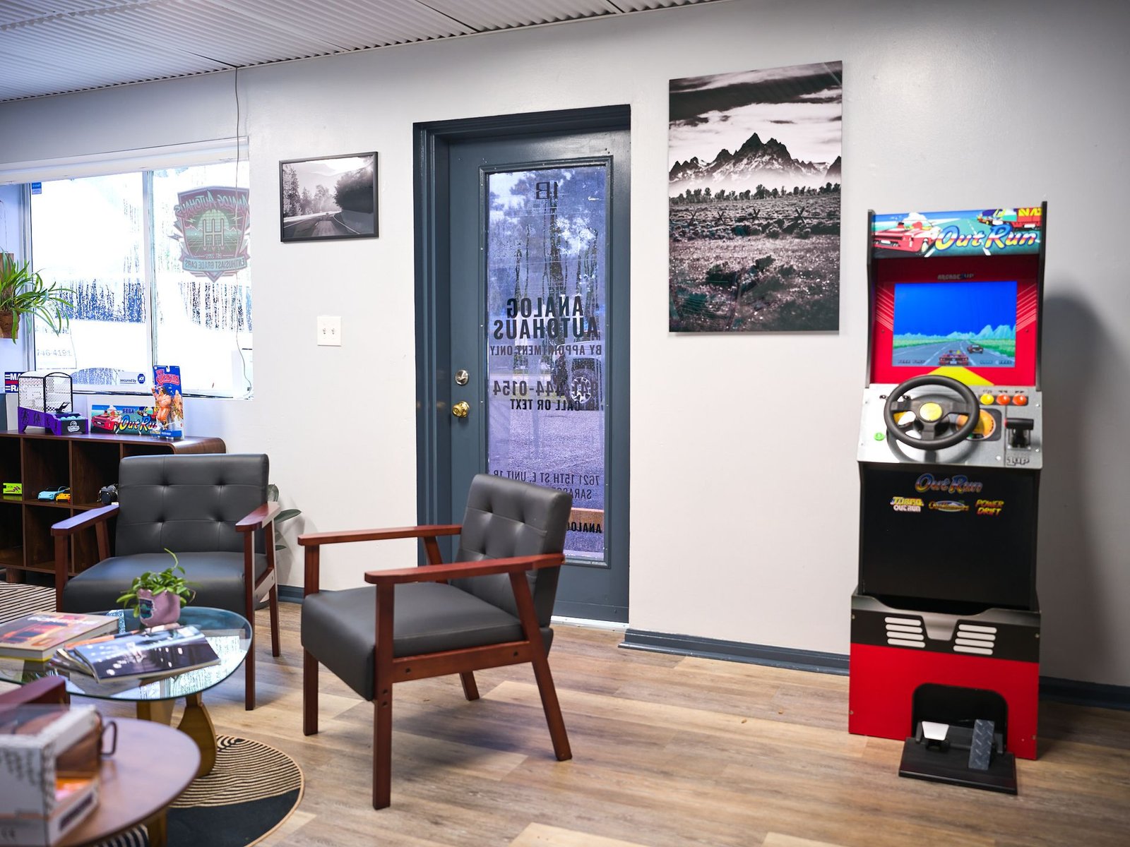 Sega Out Run arcade cabinet in the Analog Autohaus Office & Customer Lounge, Sarasota FL