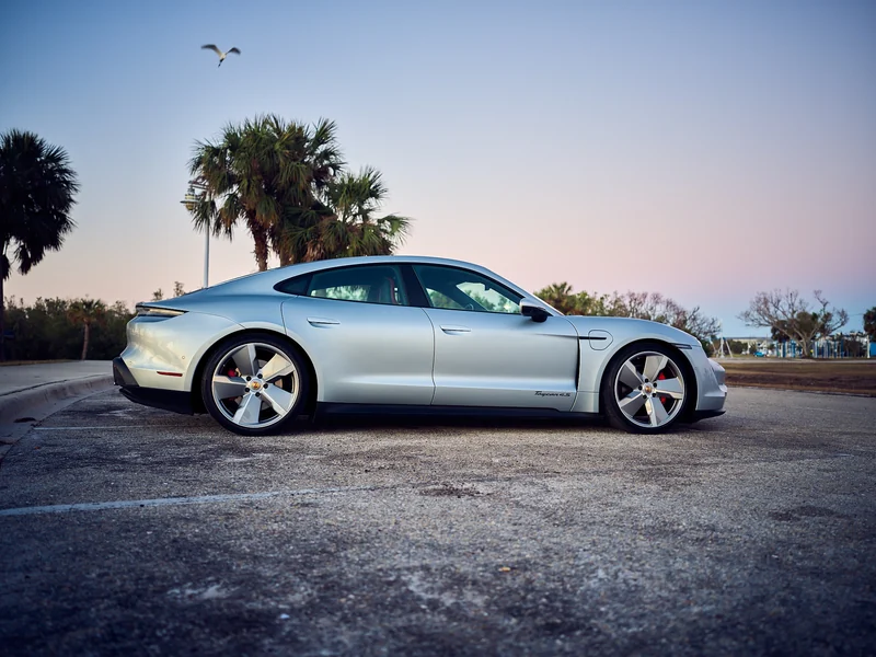 Porsche Taycan 4S at sunset, auction photography by Analog Autohaus