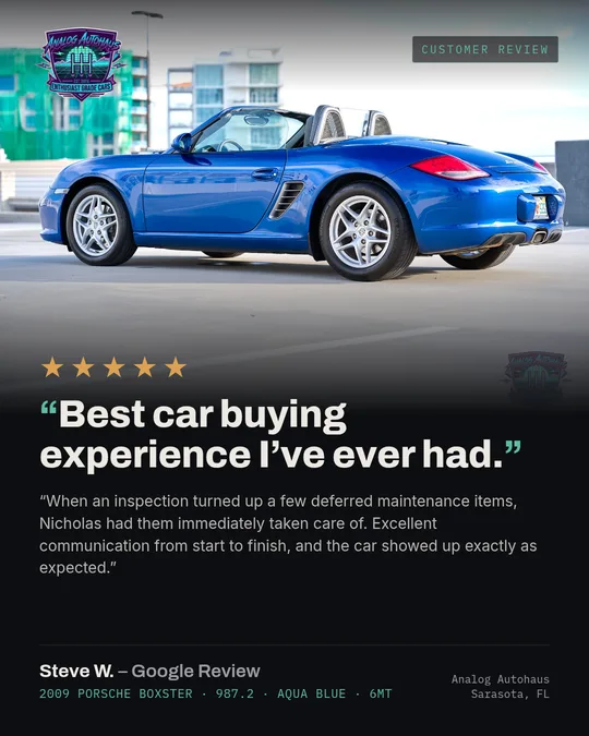 Steve W. five-star Google review with his 2009 Aqua Blue Boxster